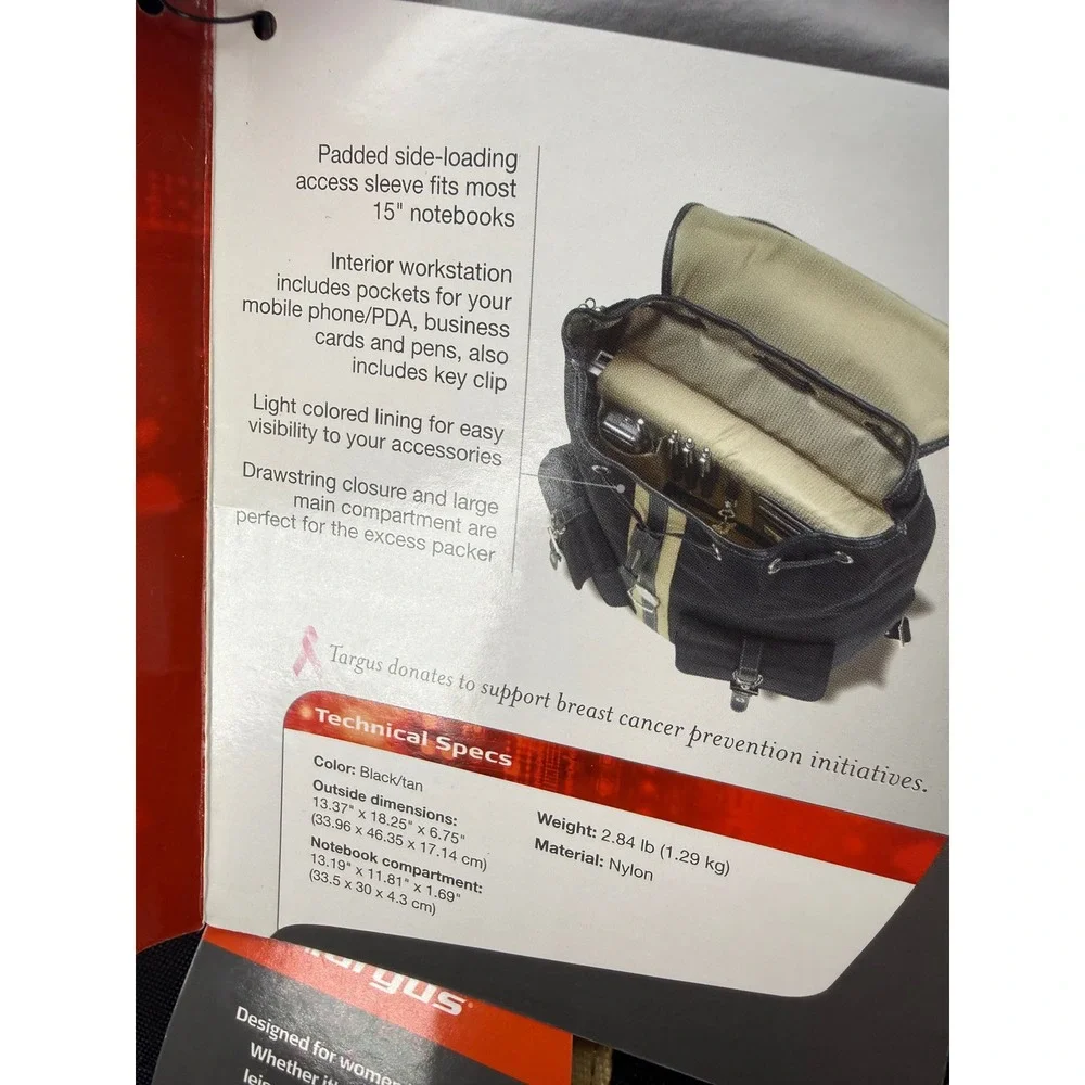 Targus Getta Women 15 Inch Laptop Backpack Black Tan Nylon Travel Bag New NWT